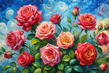 Painting of a bouquet of roses with a blue sky background