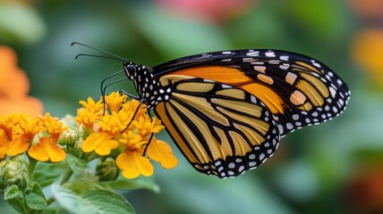 Naklejka premium Close-Up View of a Monarch Butterfly Feeding on Vibrant Orange Flowers in a Lush Garden Setting