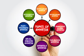 Types of Amnesia (the loss of memories) mind map text concept for presentations and reports