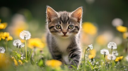 Tabby kitten exploring a sunny wildflower meadow with dandelions