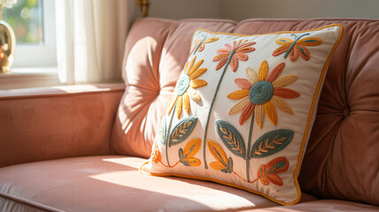 Colorful Embroidered Cushion on Pink Sofa with Sunlight