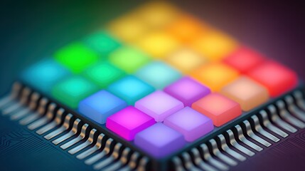 Colorful illuminated buttons arranged on a circuit board reflecting advanced technology trends emphasizing digital innovation and modern design aesthetics that inspire creativity and digital