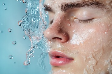 Young man skincare banner with refreshing water splash on face