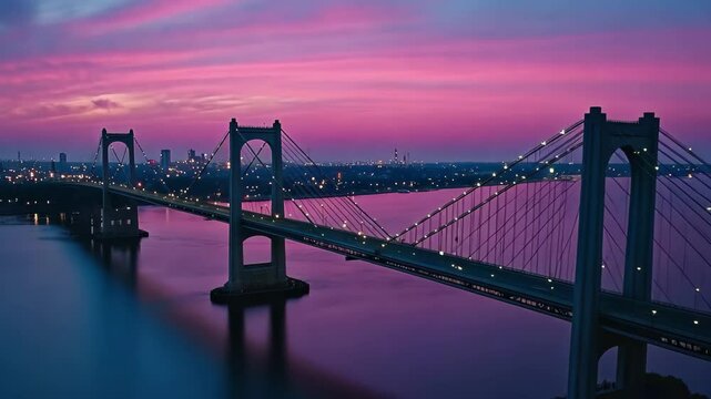 Dusk over the Delaware Memorial Bridge showcasing vibrant skies and serene waters, Aerial Delaware Memorial Bridge at dusk