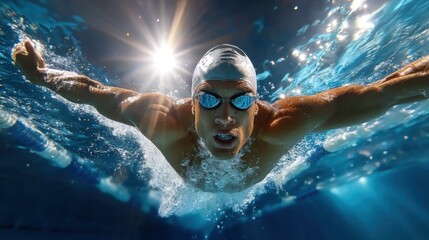 Naklejka premium Swimmer powers forward underwater with intensity during professional championship event, cutting through water with fierce precision and focus. Concept of sport, determination, training.