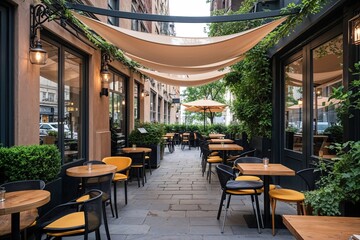 Fototapeta premium Stylish Urban Caf� Terrace Featuring Modern Furniture Under Decorative Canopy Amidst Lush Greenery