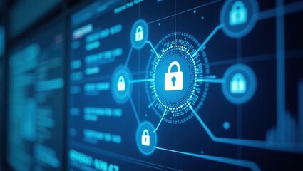 Fototapeta premium Digital security interface featuring lock symbols on a dark background with graphs and data flow