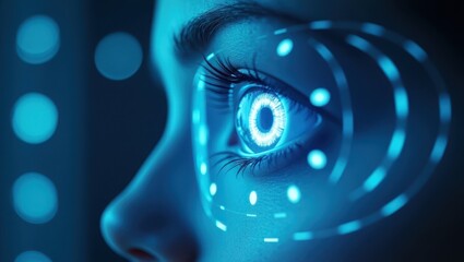 Close-up of a human eye with digital graphics showcasing patterns and tech interaction