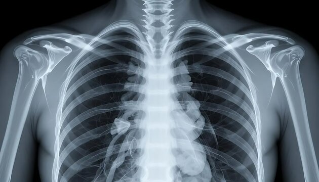Standard Chest X-ray of Adult Male This chest X-ray offers a clear view of the thoracic cavity, useful for studying normal anatomy and identifying potential pathologies.