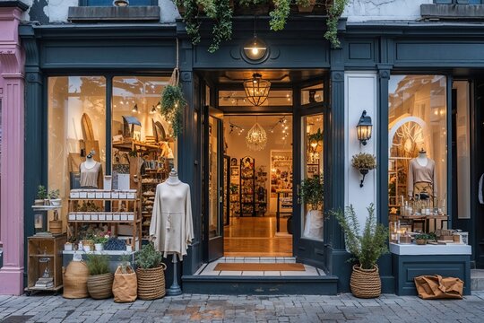 Charming Boutique Storefront Featuring Artistic Displays and Inviting Entrance