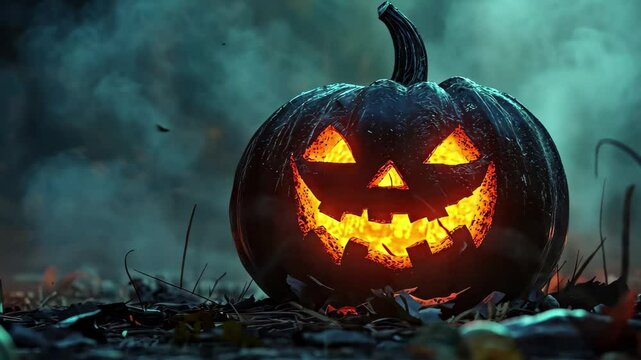 Spooky animated Halloween pumpkin glowing in the night with a menacing face, halloween pumpkin night scary ing video animated background