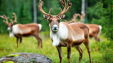 Fototapeta premium Majestic Reindeer in Lush Green Forest Ecosystem Captured in Nature