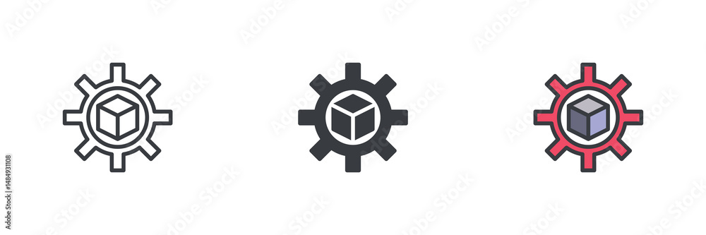 Poster cube inside the gear different style icon set
