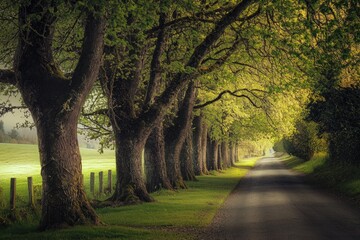 Serene country road lined with lush green trees. Peaceful, idyllic landscape perfect for travel, nature, and tranquility themes. Ideal for websites, advertising, and publications.