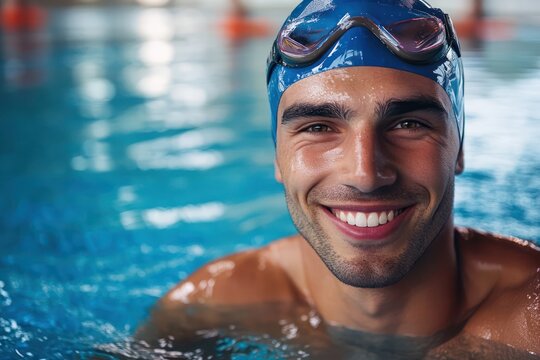 Smiling male swimmer in indoor pool