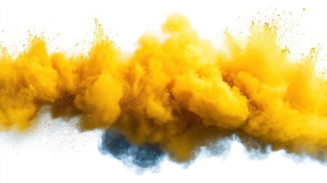 Vibrant yellow and blue color powder explosion on white background