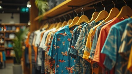Colorful hawaiian shirts on wooden hangers in clothing store