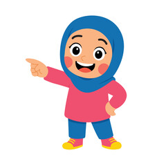 Muslim girl pointing with a smile in a hijab. Suitable for diversity, education, lifestyle, and religion themed designs