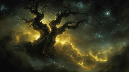 Cosmic Tree in Cloudscape, Fantasy Art, Night Sky