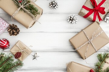 Rustic Christmas gifts & decor on white wood. Festive holiday background perfect for cards, websites, and social media. Ideal for seasonal marketing.