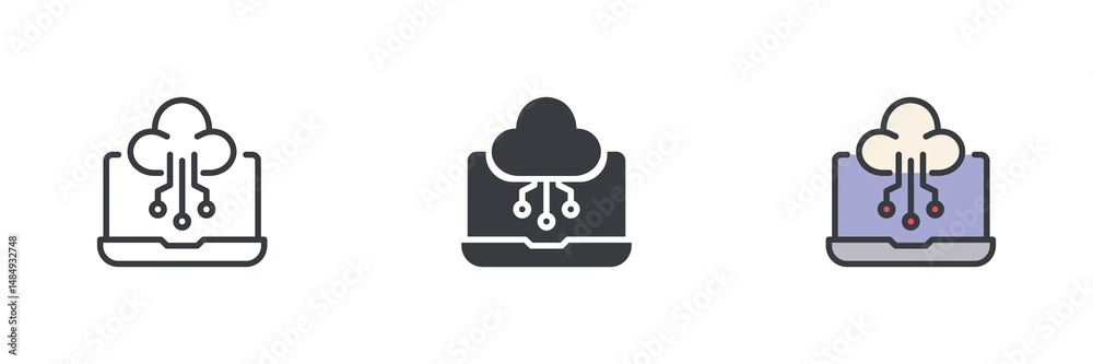 Poster Cloud computing on a laptop different style icon set