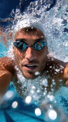 Fototapeta premium Focused male swimmer surges forward underwater mid-race during intense freestyle heat, showcasing sharp strength and smooth coordination. Concept of dynamic, energy, motion.