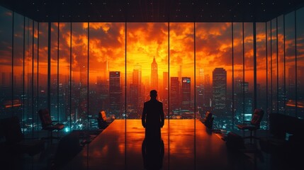 A man contemplates a fiery city sunrise