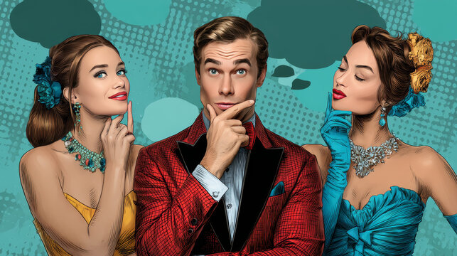 Handsome man choosing between two women. Love and romance. Pop art retro vector illustration