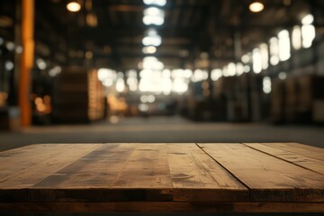 Empty wooden table with blurred warehouse background