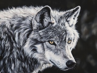 Obraz premium Majestic grey wolf portrait. Striking black & white painting with intense gaze. Perfect for wildlife, nature, and animal-themed projects. Ideal for print, web, and social media.