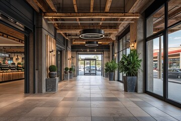 Obraz premium Modern Industrial Style Shopping Center Entrance Featuring Raw Design Elements