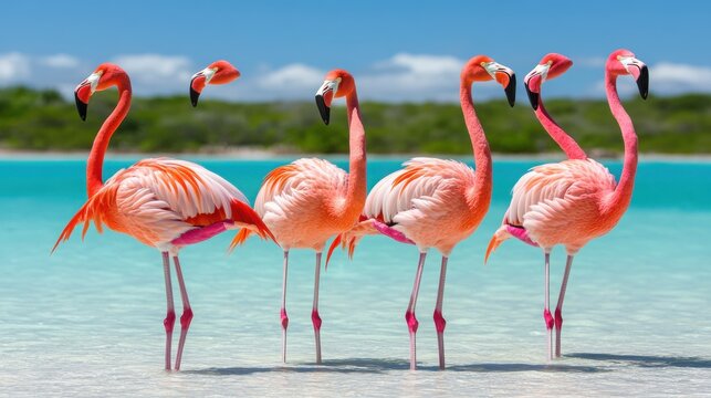 Group of Pink Flamingos by the Turquoise Water Under Bright Sky - Powered by Adobe