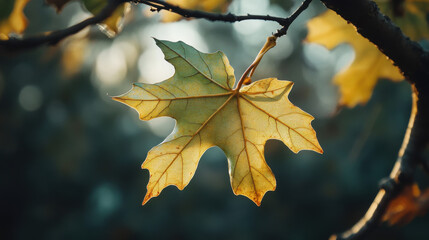 Fototapeta premium Vibrant maple leaf hanging from a branch, illuminated by soft sunlight in a serene forest