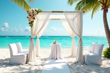 Romantic beach wedding setup, white decor, ocean view Perfect for invitations, websites, or travel blogs , elegant, white, celebration