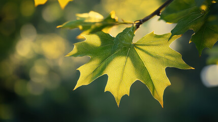 Fototapeta premium Close-up of vibrant green maple leaves illuminated by soft sunlight in a serene setting