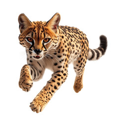 Ocelot leaping forward with intense focus on the hunt against seamless on transparent background