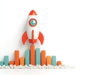 Startup and new project concept with white rocket flying up with dotted trajectory above light growth graph on blue background. 3D rendering 