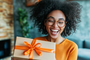 Cheerful girl with a smile holding a gift box
