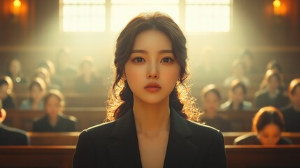 A woman in a church setting.  Serene, focused gaze