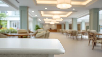 White tabletop in the foreground of a bright, blurred hotel lobby with chairs and tables in the seating area