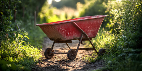 Red Garden Wheelbarrow in Sunlit Yard