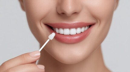 Naklejka premium Teeth cosmetic beauty dentist care gum teeth Smiling woman holding a cotton swab near her teeth.