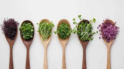 Five wooden spoons with different types of microgreens on a white background.