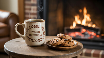 Cozy coffee mug beside a fireplace with cookies