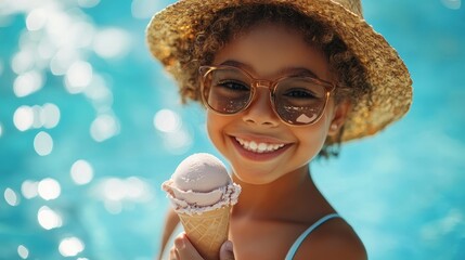 Smiling african child enjoys ice cream by pool in summer sunlight
