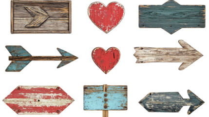 Collection of weathered wooden signs in various shapes and colors isolated on transparent or white background. Generative ai