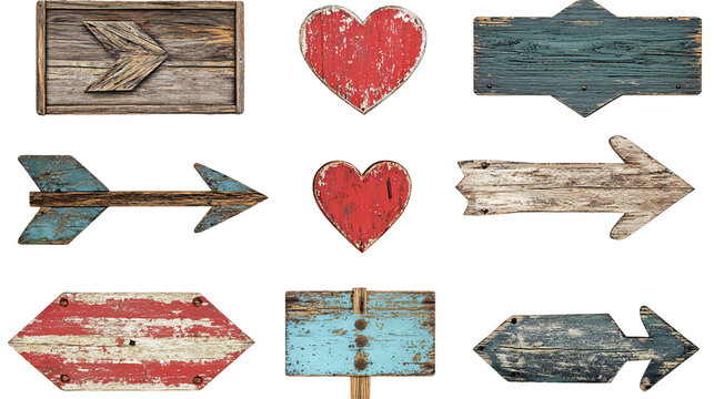 Collection of weathered wooden signs in various shapes and colors isolated on transparent or white background. Generative ai