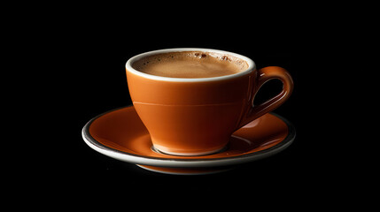 A close-up of a steaming cup of coffee on a saucer against a dark background