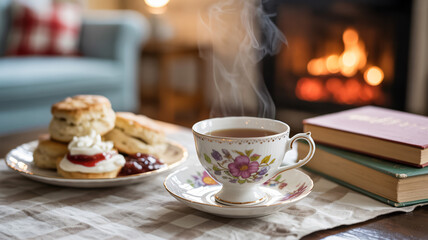 Cozy Tabletop Setting with English Breakfast Tea in a Teacup Warm Homely Vibe with Softly Blurred Ba