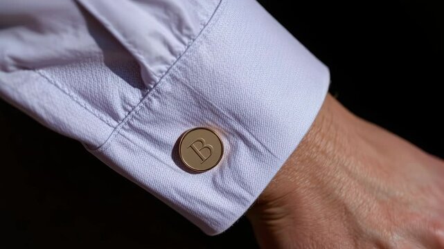 A close-up of a white dress shirt cuff featuring a gold cufflink engraved with the letter "B" on a person&rsquo;s wrist.